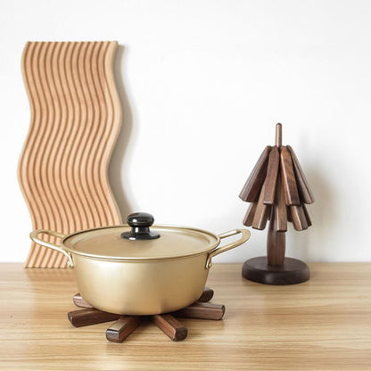 Wooden Heat Protector for Hot Pans & Pots — Walnut Folding Stand with Tree-Inspired Shape for Kitchen Tables, Countertops & Dining Rooms