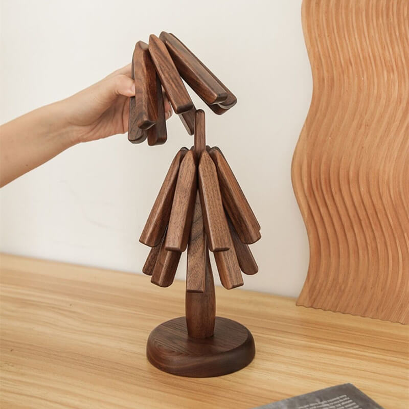 Wooden Heat Protector for Hot Pans & Pots — Walnut Folding Stand with Tree-Inspired Shape for Kitchen Tables, Countertops & Dining Rooms