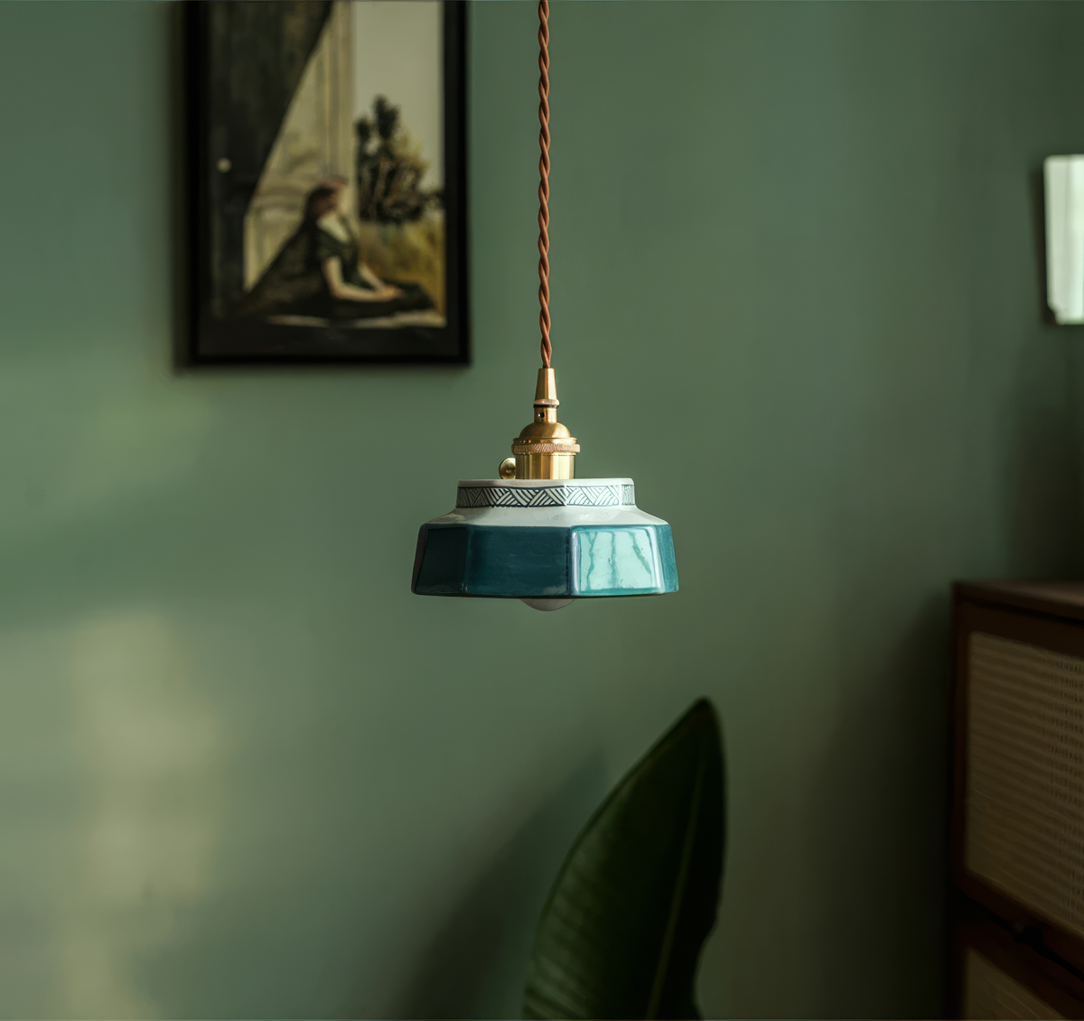 Ceramic Hanging Lamp with Hand-Painted Design & Copper Socket for Kitchen Island, Dining Room, Bedroom & Cafe | Scandinavian Style Fixture