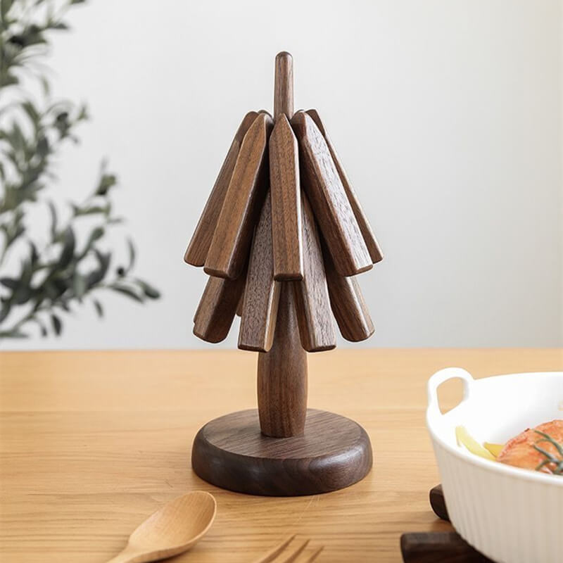 Wooden Heat Protector for Hot Pans & Pots — Walnut Folding Stand with Tree-Inspired Shape for Kitchen Tables, Countertops & Dining Rooms