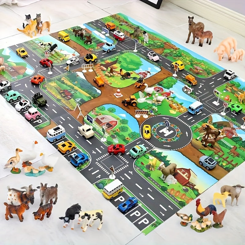 Kids Play Mat with Farm & Road Design for Toy Cars & Animals - Educational Activity Rug for Toddlers & Preschoolers