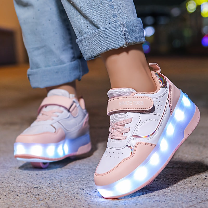 Light-Up Roller Skate Shoes for Kids with Detachable Wheels Purple Rechargeable Sneakers Boys Girls Indoor Outdoor Heelys-Style Footwear Ath