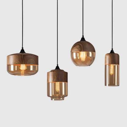 Glass Pendant Light with Wood-Look Metal – Scandinavian Hanging Fixture for Dining Room, Bedroom & Living Room