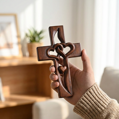 Wooden Cross Wall Art with Dual Hearts for Living Room Bedroom Entryway Faith Decor Handcrafted Religious Symbol