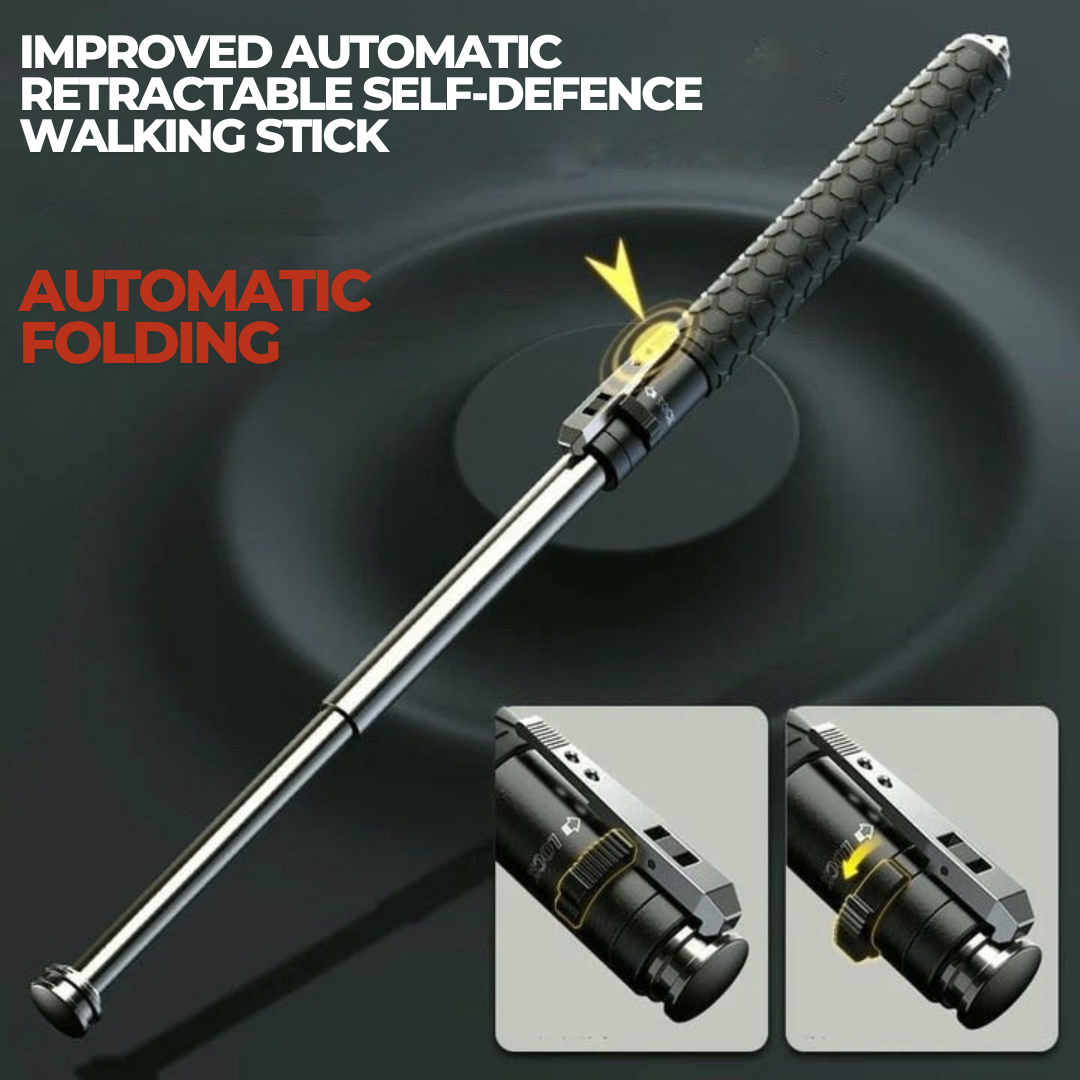 Collapsible Steel Self-Defense Cane with Push-Button Quick Release and Textured Non-Slip Handle for Hiking, Travel, Urban Safety