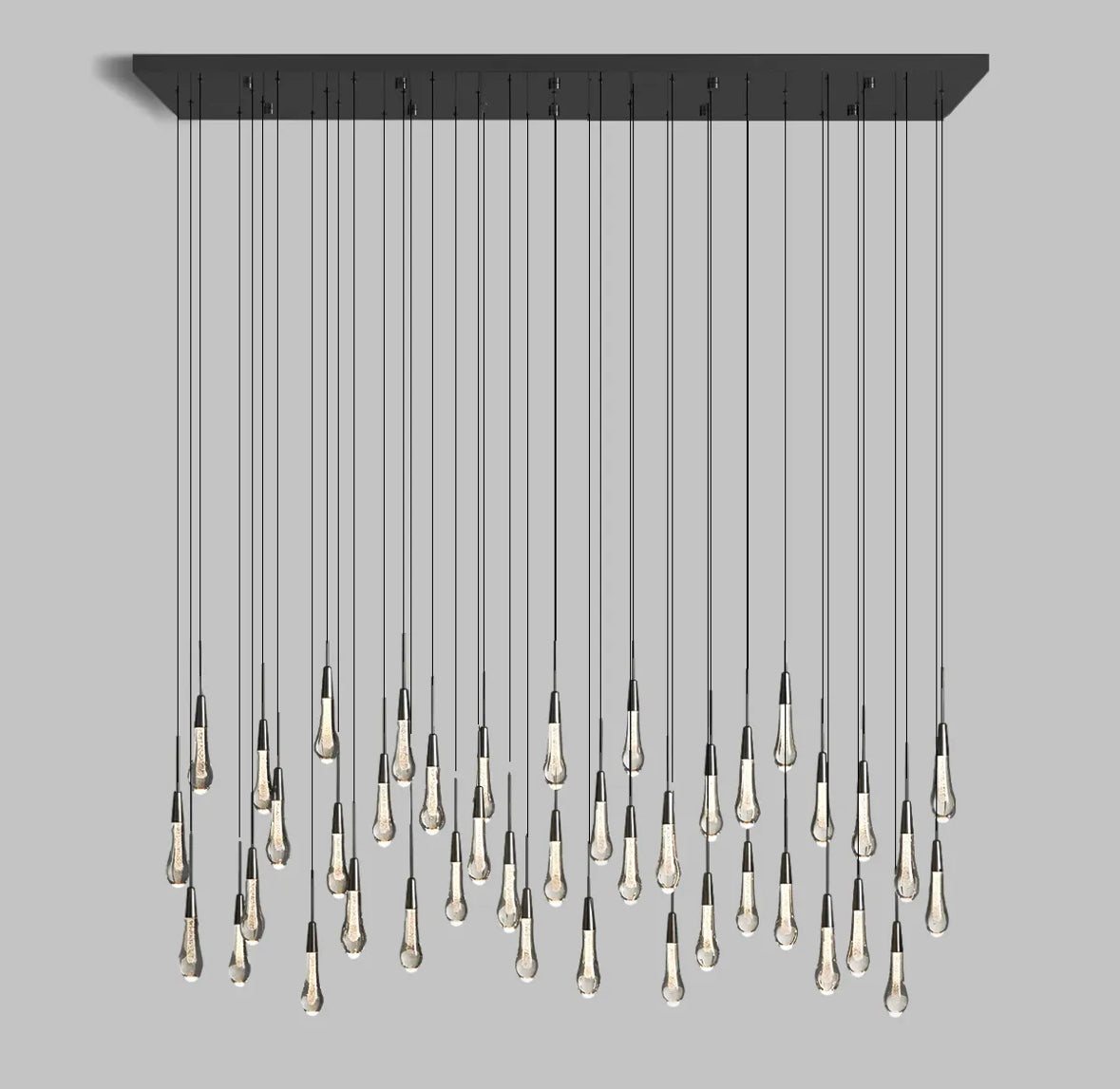 Cascading Raindrop Linear LED Chandelier – Textured Glass Orbs, Adjustable Height, Vaulted Ceiling Ready – 37 to 120 Inch Options for