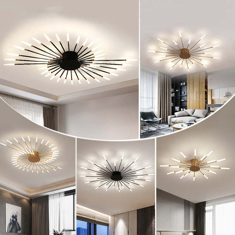 Starburst Flush Mount Ceiling Light Black Gold Modern Firework LED Fixture Bedroom Living Room Natural White Hardwired Indoor