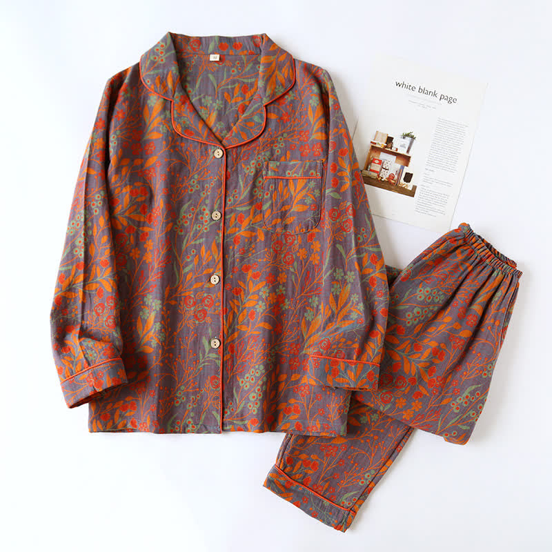 Women's Cotton Pajama Set with Botanical Leaf Print & Button-Down Top for Lounging