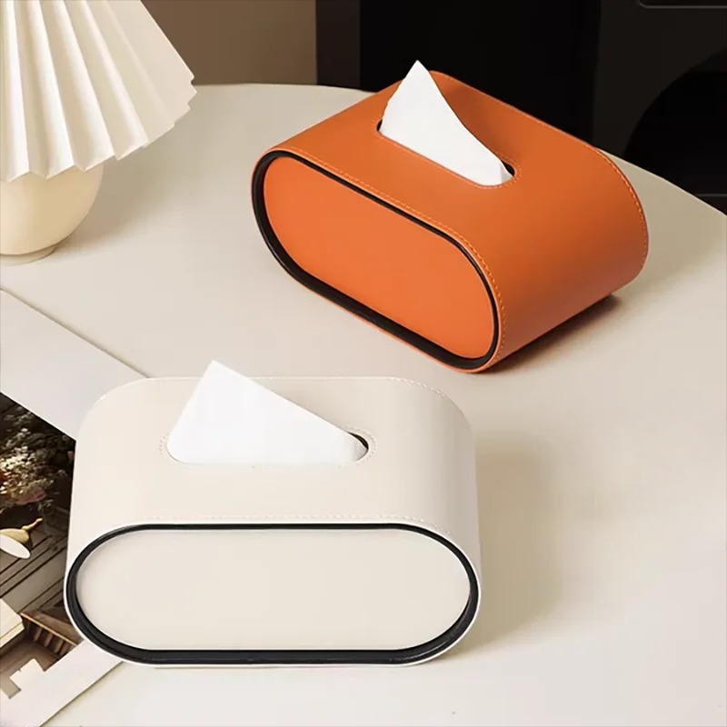 Faux Leather Tissue Dispenser Oval 9 × 5 × 4 Inches Desktop Organizer Napkin Caddy Home Office Bedroom Bathroom Tabletop Storage Accessories
