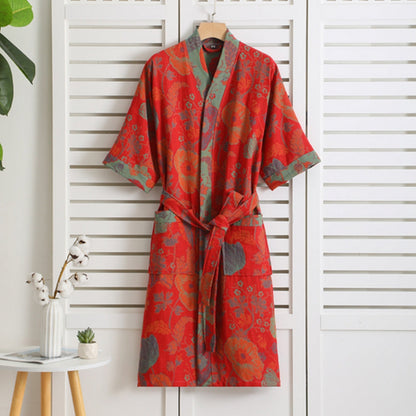 Cotton Gauze Robe with Vintage Print – Lightweight Breathable Loungewear for Women | Soft Double-Layer Spa Robe for Home Relaxation