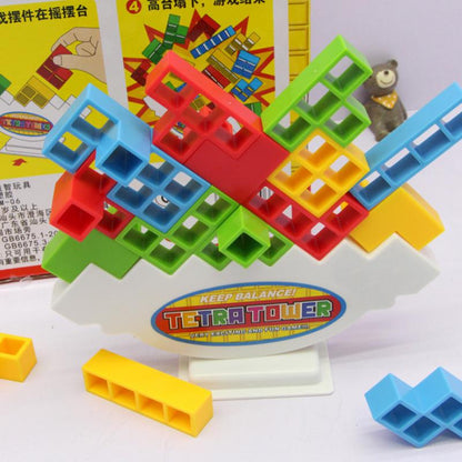 Wooden Stacking Tower Game for Kids - Tumbling Block Balance Challenge with Colorful Tetris Shapes for Toddlers & Children Ages 3+