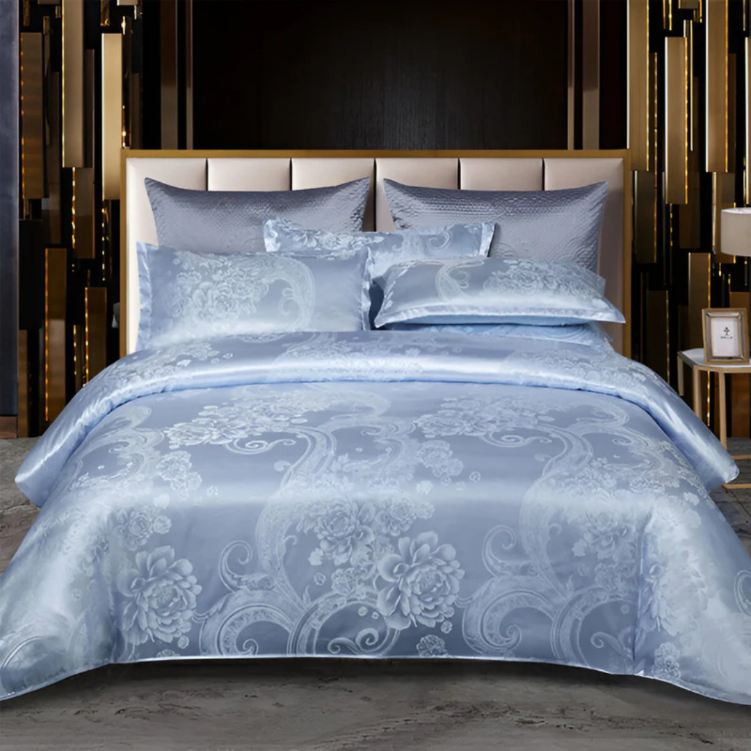 Floral Jacquard Duvet Cover Set Silky Satin Bedding 3-Piece with Pillowcases All Season Breathable Comforter Cover for Bedroom Décor