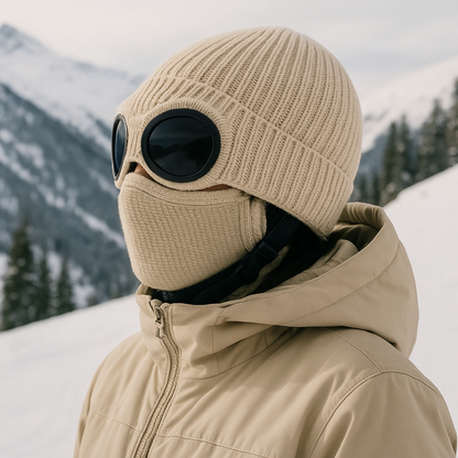 Knit Beanie with Flip-Down Goggles – Windproof Winter Hat for Outdoor Activities