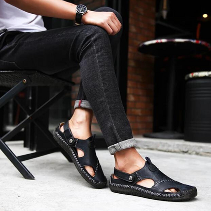 Men's Leather Slide Sandals – Closed Toe Slip-On with Orthopedic Support & Non-Slip Sole for Summer, Casual Wear, Travel & Vacation