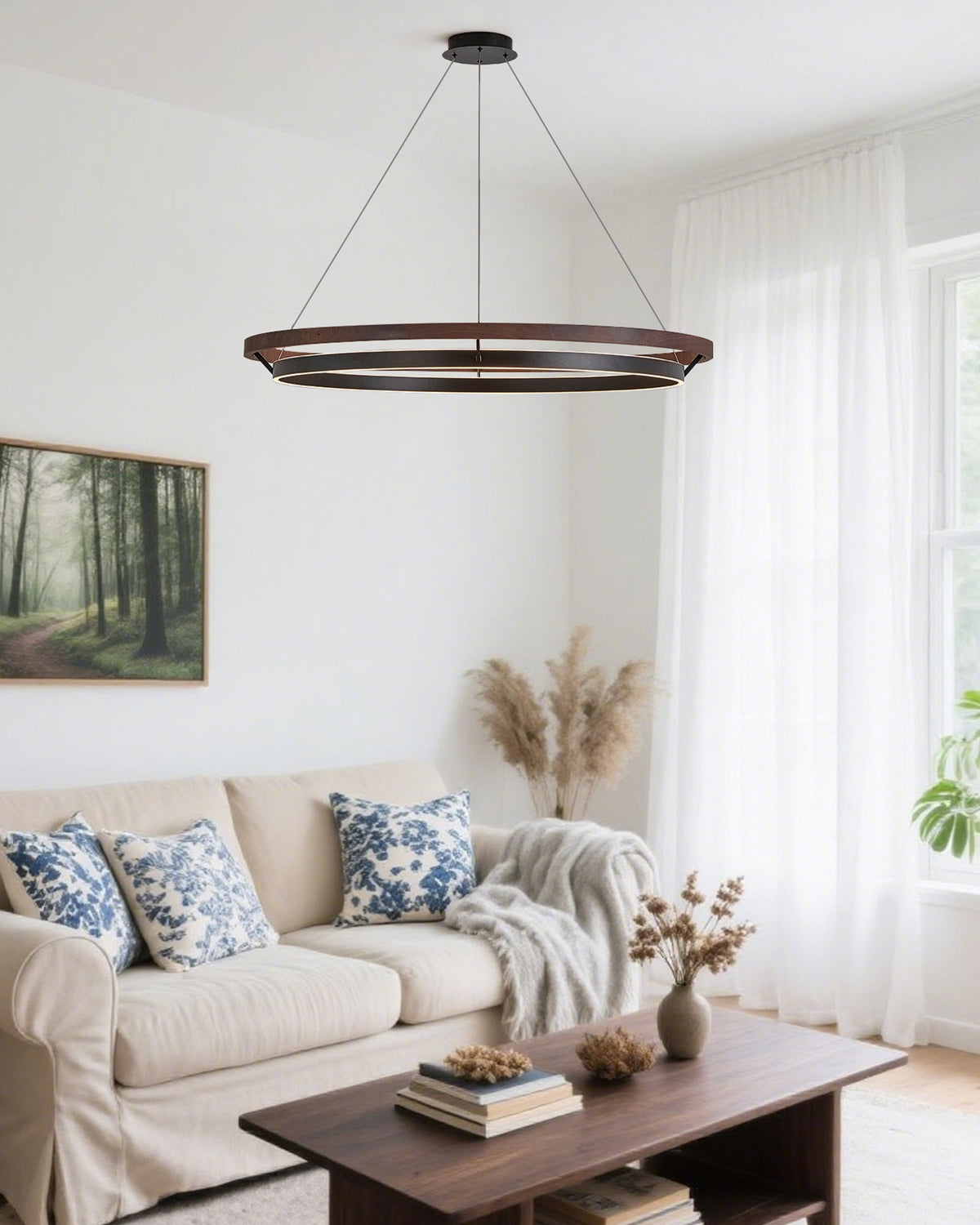 Circular Wood Ring Chandelier with LED Lighting 24-47 Inches Adjustable Height Farmhouse Dining Room Kitchen Island Ceiling Fixture