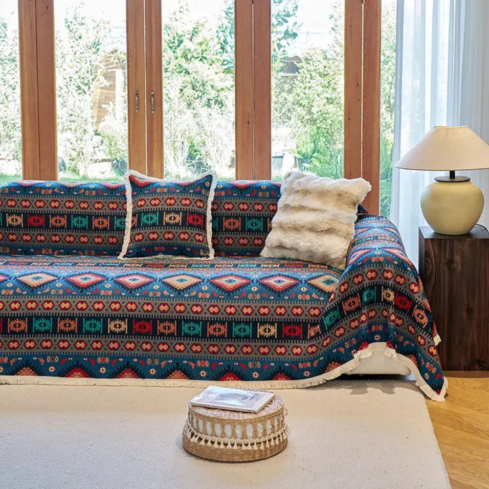 Geometric Throw Blanket for Sofa – Woven Cotton Chenille Couch Cover with Bohemian Pattern for Living Room Furniture