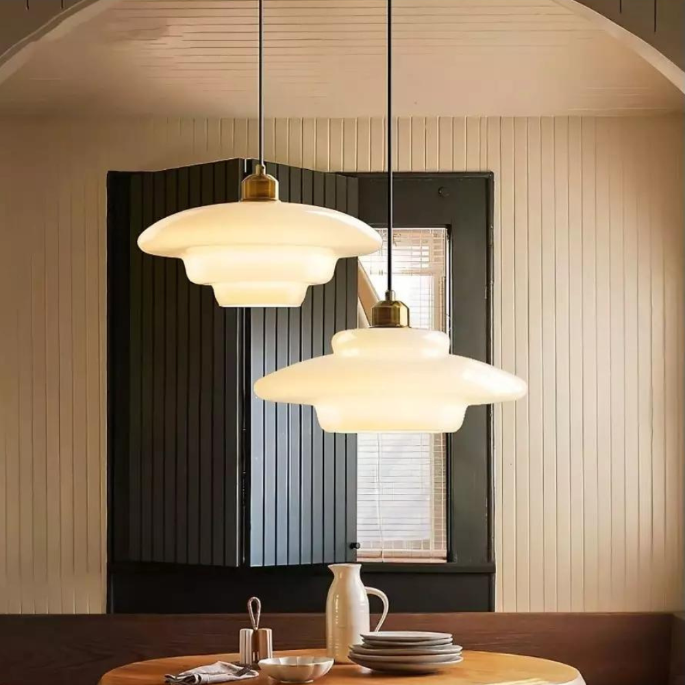 Tiered Glass Hanging Fixture with Brass Frame in Gold – 12-Inch Statement Lamp for Dining Rooms, Bedrooms & Hallways – Art Deco Style Ceilin