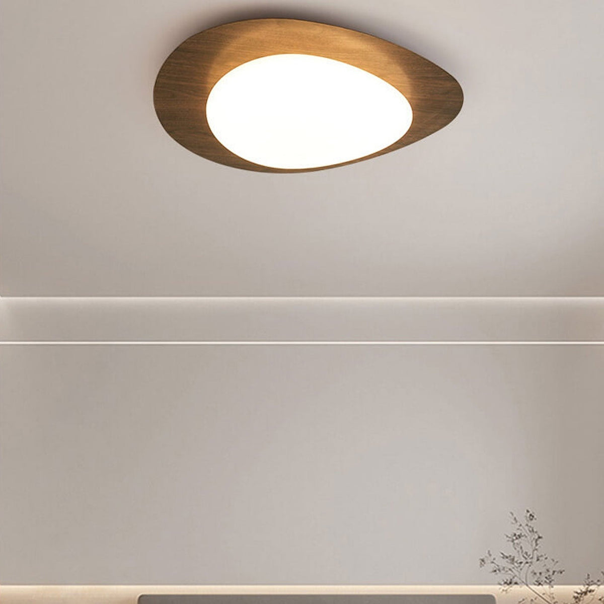 Oval Stone-Textured LED Ceiling Mount Light with Timber Finish for Bedrooms | Modern Hardwired Close-to-Ceiling Fixture for Living Rooms &