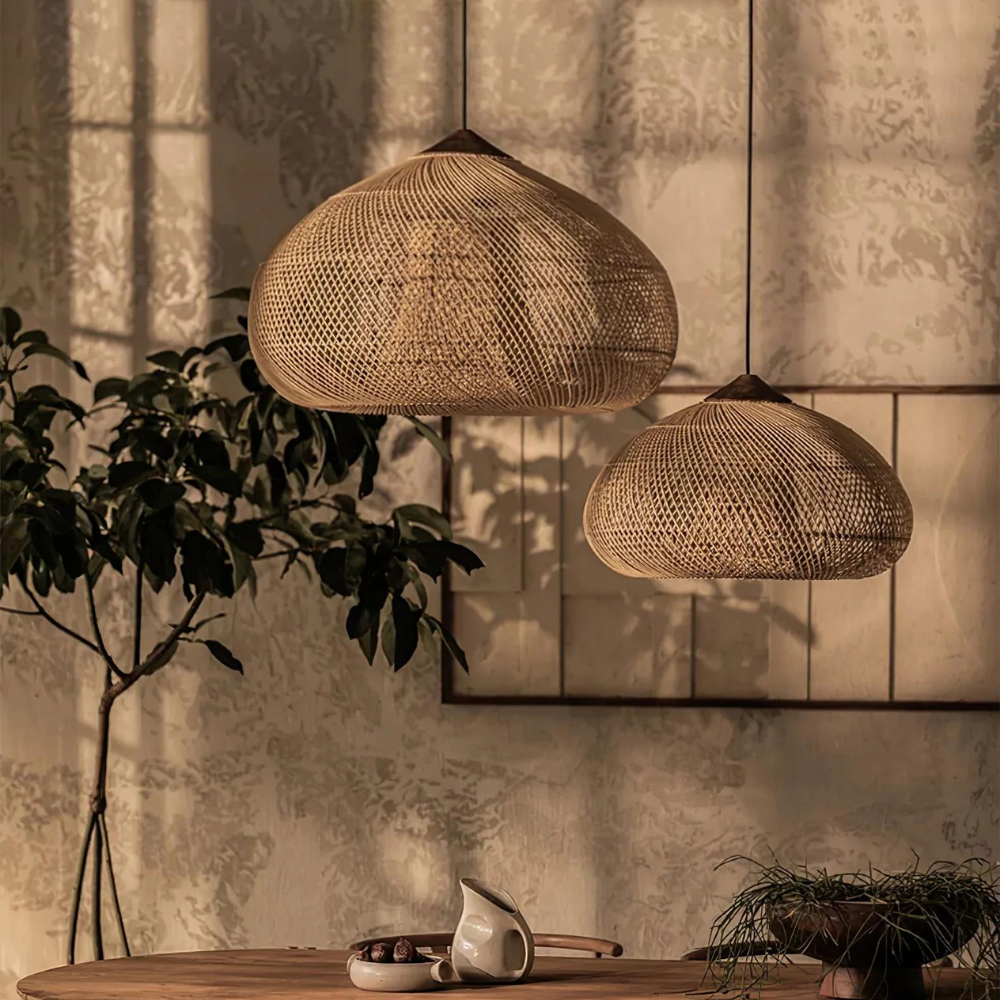 Woven Rattan Ceiling Light Fixture E26 Natural Boho Hanging Lamp for Dining Kitchen Island Bedroom Ambient Lighting Handcrafted Organic Text