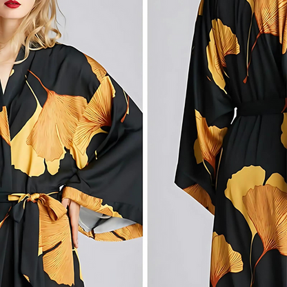 Bamboo Bathrobe - Lightweight Polyester, Ginkgo Leaf Print