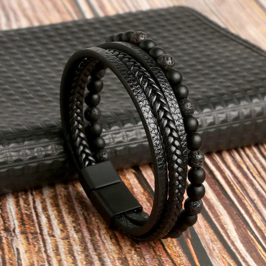 Men's Layered Leather Bracelet with Stone Beads & Magnetic Clasp for Everyday Wear