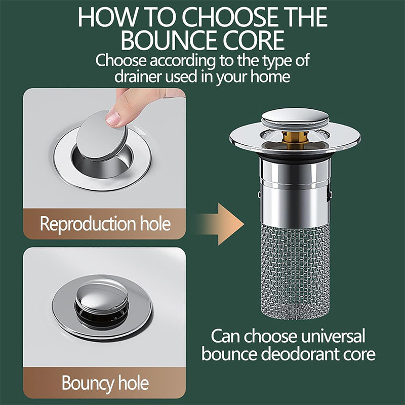 Pop-Up Bathroom Drain Filter with Hair Trap for Washbasin & Shower – Brass Core, Stainless Steel Basket, Universal Fit 1-1.2" Drains