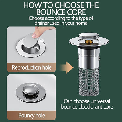 Pop-Up Bathroom Drain Filter with Hair Trap for Washbasin & Shower – Brass Core, Stainless Steel Basket, Universal Fit 1-1.2" Drains