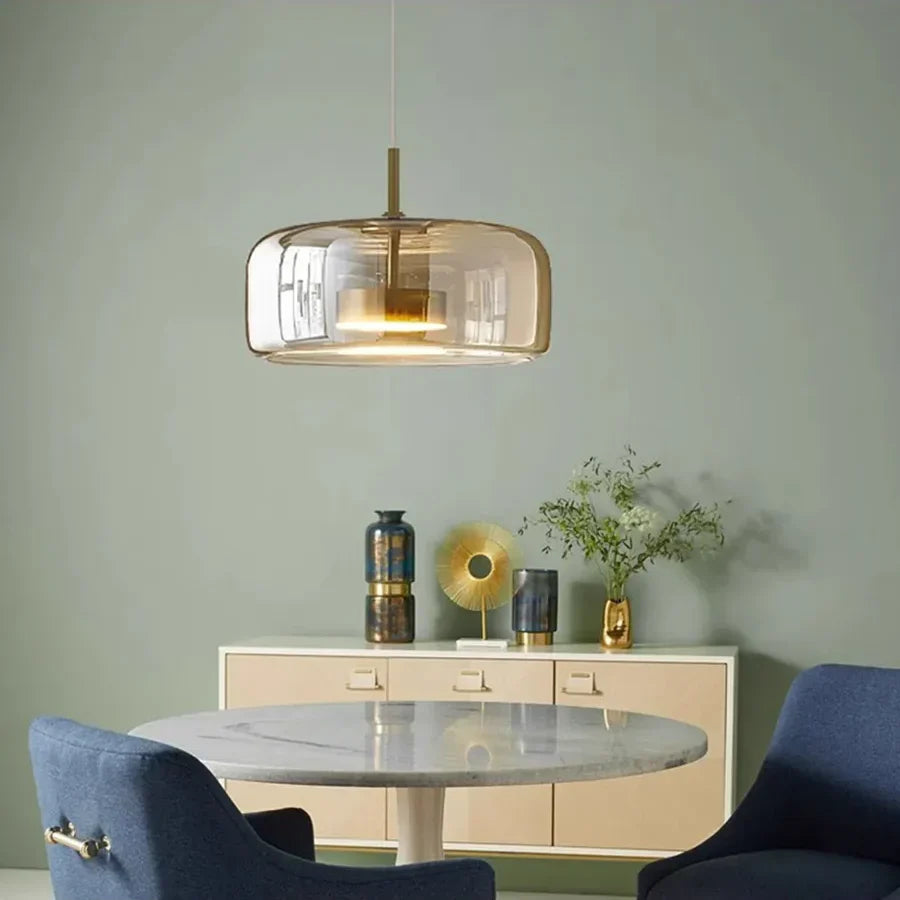 Glass Drop Ceiling Fixture 40 in Adjustable Height Cognac Smoke Gray Over Island Dining Table Modern Nordic Minimalist Hanging Lamp Bedroom