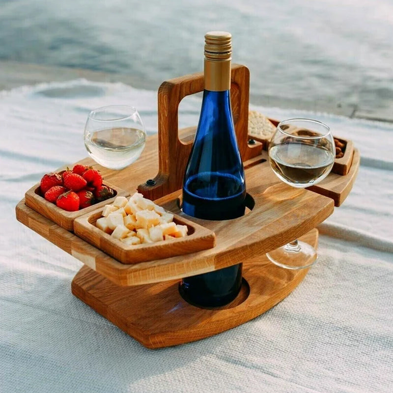 Portable Wine & Snack Tray with Carry Handle for Outdoor Picnics, Beach Days, Park Outings & Patio Gatherings | Solid Wood Serving Caddy