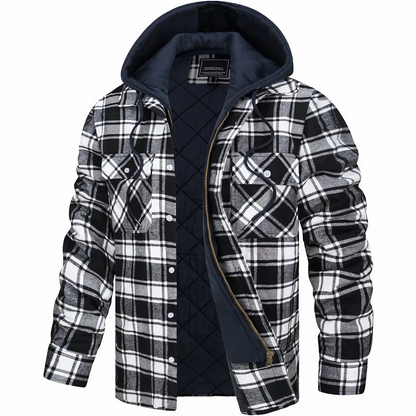 Quilted Plaid Flannel Shirt Jacket with Removable Hood for Men – Warm Cotton Blend Overshirt for Fall Winter