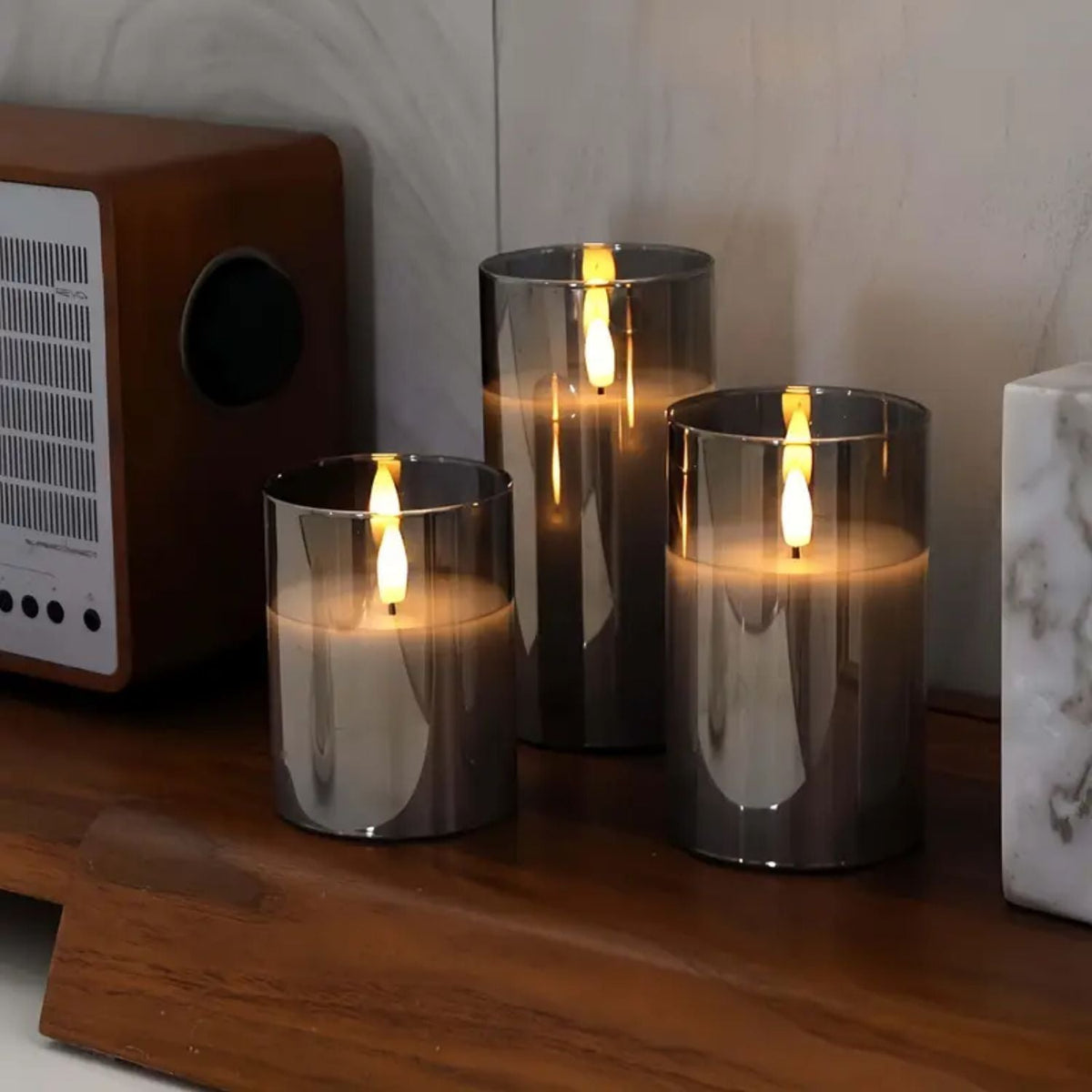 Remote-Controlled Flameless LED Candles with Smoke Glass Housing for Living Rooms, Bedrooms & Dining Spaces