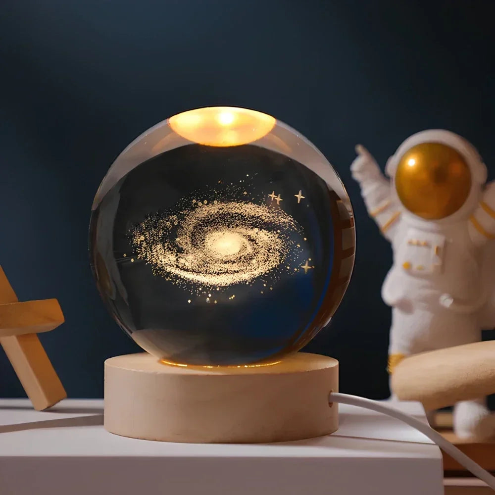 3D Engraved Crystal Planet Sphere Night Light on Wood Base USB Powered Desk Lamp Warm White LED Glow for Bedroom Living Room Nursery Space
