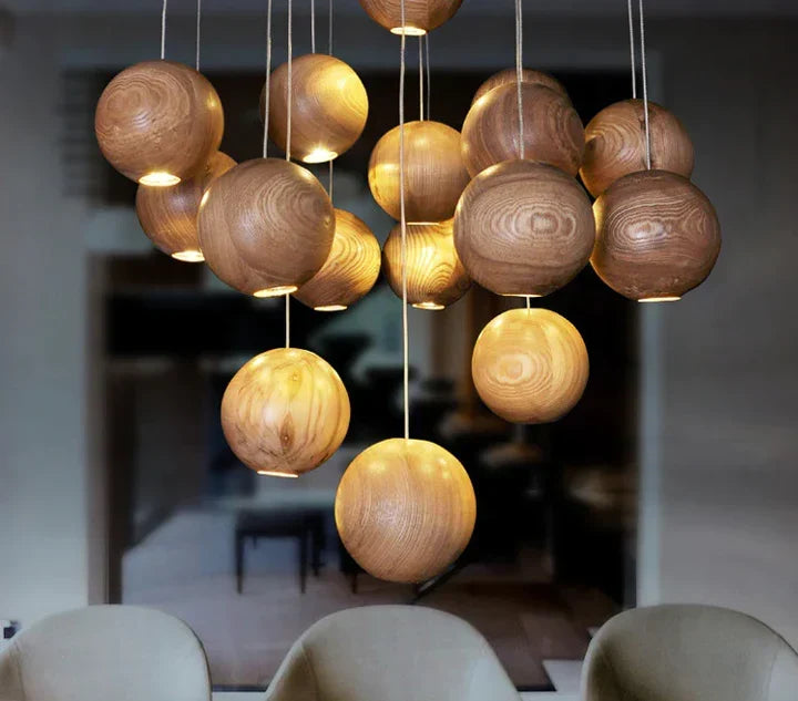 Natural Wood Sphere Pendant Light | Modern Globe Drop Ceiling Lamp for Kitchen Island, Dining Room, Living Room & Restaurant | Adjustable