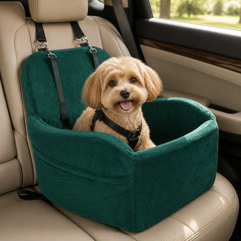 Ortekor Plush Memory Foam Dog Car Seat (3 Clip-On Safety Leashes)