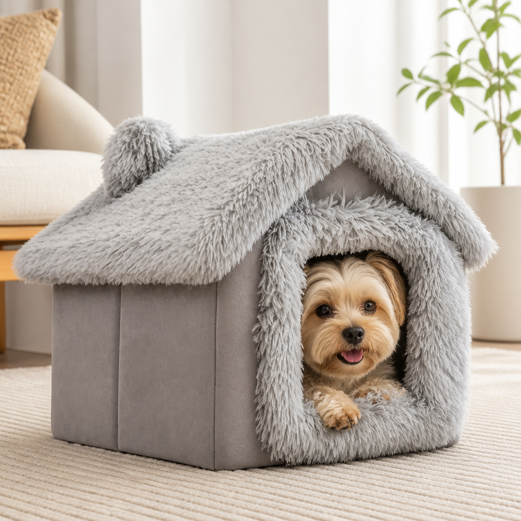 Ortekor Semi-Enclosed Plush Cat Bed (Removable Non-Slip Base)