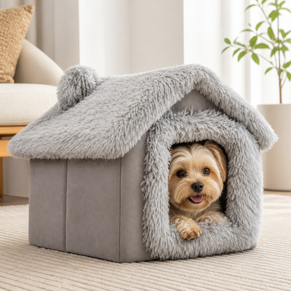 Ortekor Semi-Enclosed Plush Cat Bed (Removable Non-Slip Base)