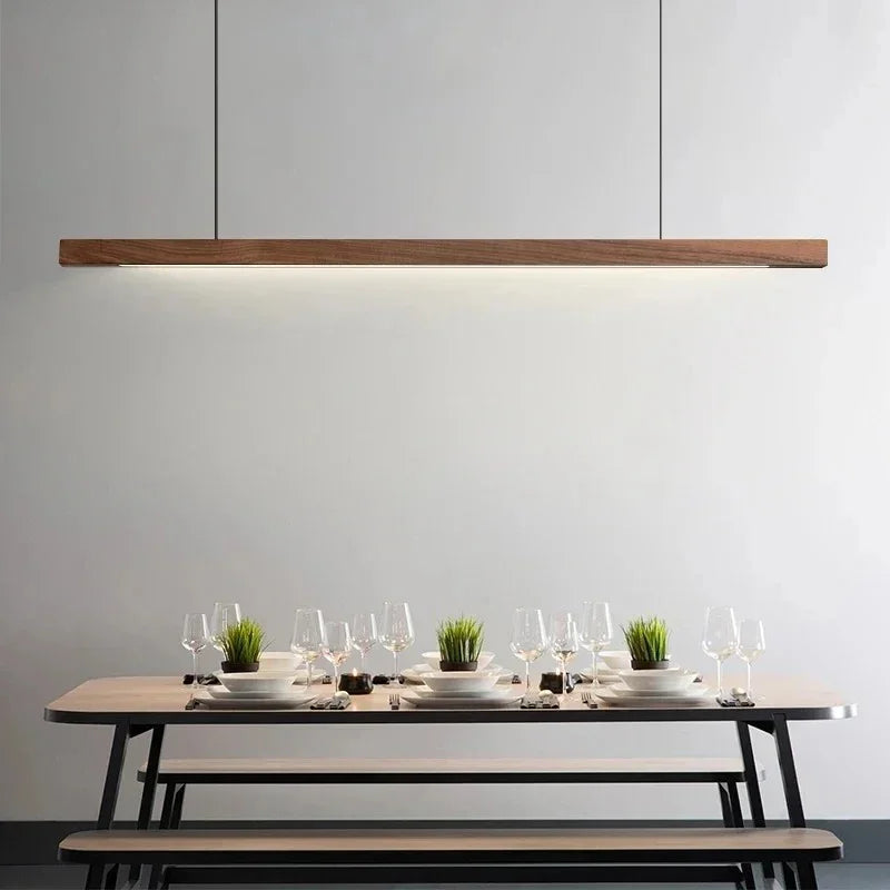 LED Wood Dining Room Fixture 47-Inch Linear Hanging Light Adjustable Height Island Chandelier Natural Pine Kitchen Suspended Lighting Modern