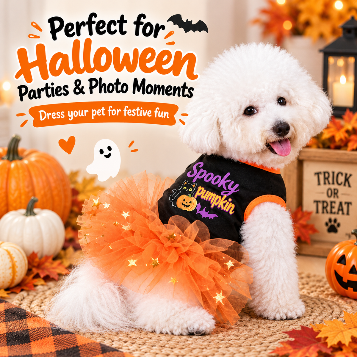 Ortekor Halloween Dog Tutu Dress for Parties & Photos - Soft Lightweight Costume for Small Dogs