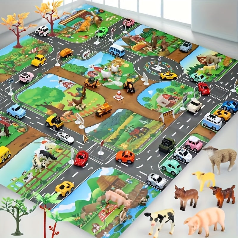 Kids Farm Road Play Rug 39 × 51 Inches Non-Slip Woven Floor Mat for Toddler Pretend Play Vehicle Track Nursery Decor
