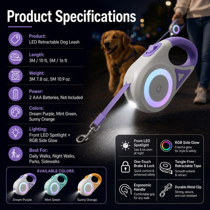 Ortekor LED Retractable Dog Leash for Night Walks - Light-Up Dog Leash with Built-In Spotlight, RGB Side Glow & One-Touch Brake for Safer Evening Walks