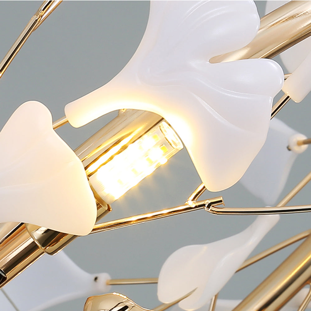 Ceramic Leaf Cluster Pendant Light with Adjustable Cord – Gold Metal Frame Multi-Bulb Chandelier for Dining Room, Living Room & Bedroom