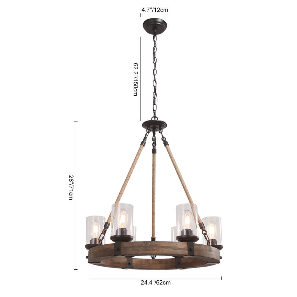 Rustic Circular Chandelier 6-Bulb Hemp Rope Pendant Brown Wood Ring Seeded Glass Shades Farmhouse Dining Room Entryway Hardwired Ceiling