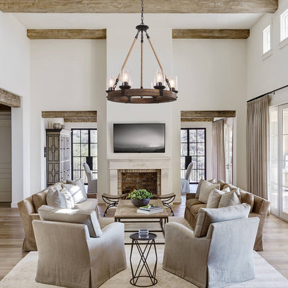 Rustic Circular Chandelier 6-Bulb Hemp Rope Pendant Brown Wood Ring Seeded Glass Shades Farmhouse Dining Room Entryway Hardwired Ceiling