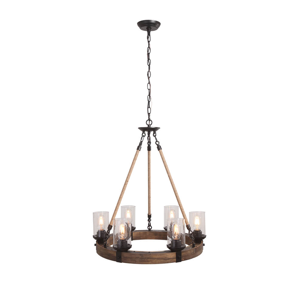 Rustic Circular Chandelier 6-Bulb Hemp Rope Pendant Brown Wood Ring Seeded Glass Shades Farmhouse Dining Room Entryway Hardwired Ceiling