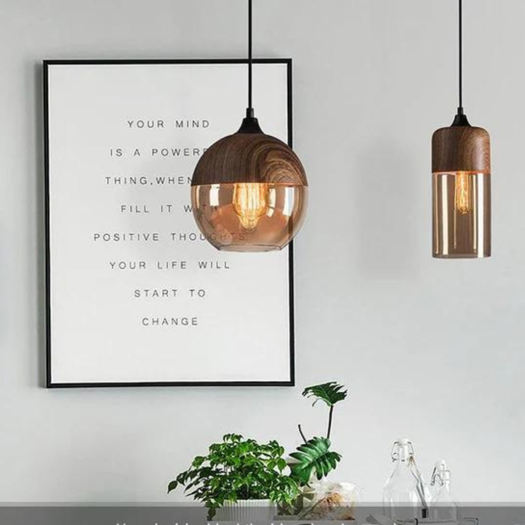 Glass Pendant Light with Wood-Look Metal – Scandinavian Hanging Fixture for Dining Room, Bedroom & Living Room