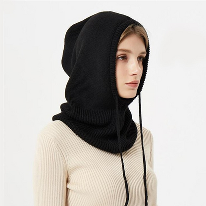 Hooded Knit Hat with Drawstring Adjustable Fit Cold Weather Headwear for Women Fall Season Accessory
