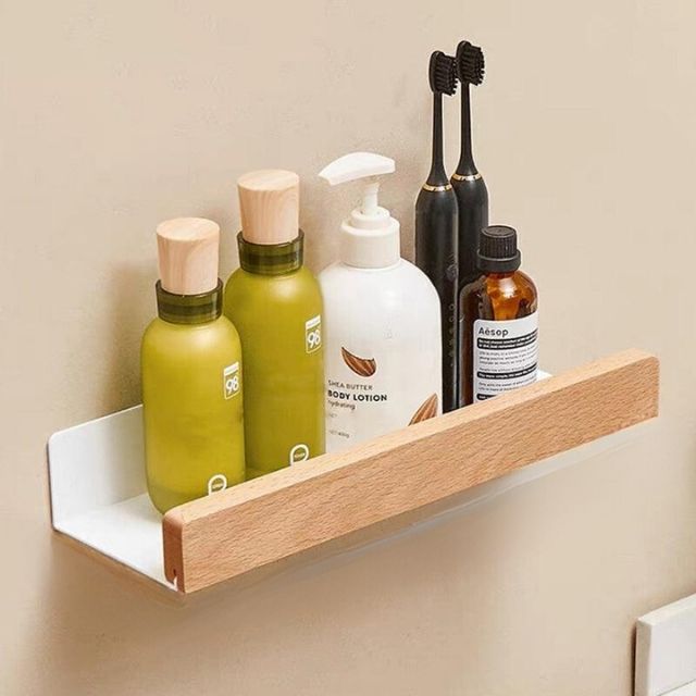 Adhesive Wood Floating Ledge for Bathroom & Kitchen Organization | No-Drill Storage Rack | Space-Saving Holder for Toiletries & Essentials