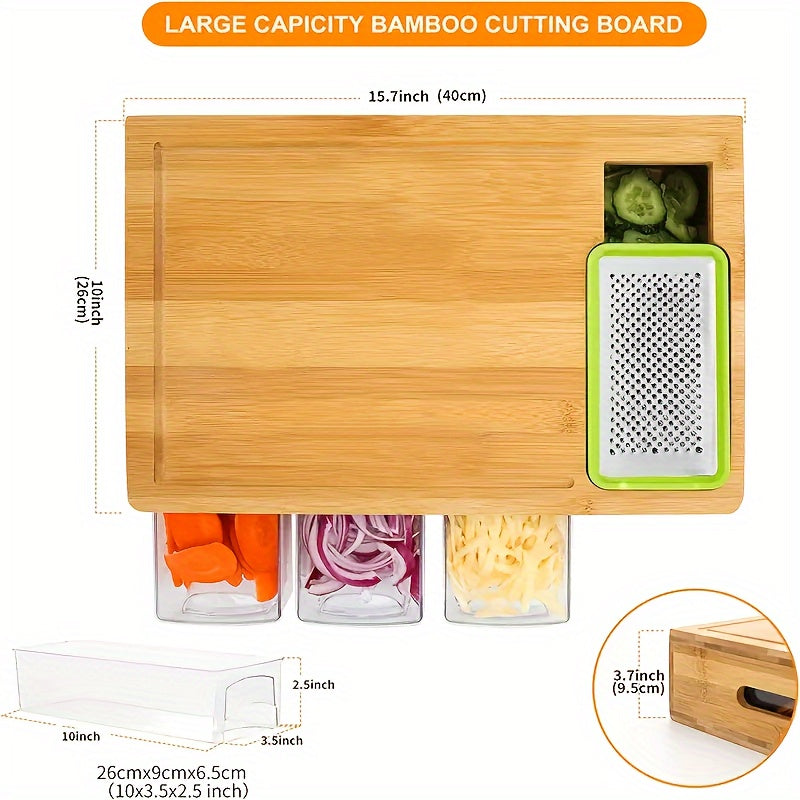 Bamboo Chopping Board with Slide-Out Prep Trays & 4-Piece Grater Set – All-in-One Food Prep Station for Home Kitchens