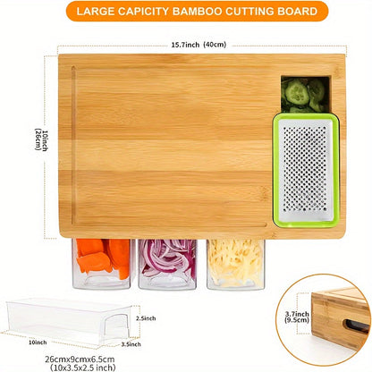 Bamboo Chopping Board with Slide-Out Prep Trays & 4-Piece Grater Set – All-in-One Food Prep Station for Home Kitchens