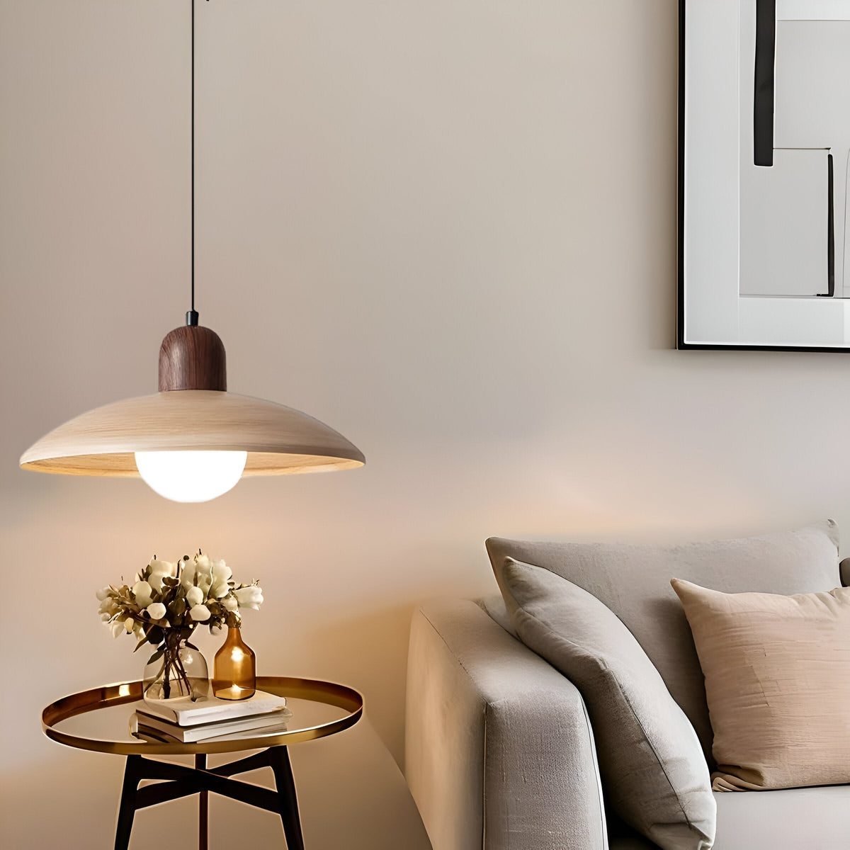 Wood Dome Ceiling Pendant 12 in Walnut Hanging Light for Kitchen Island Dining Table Minimalist Adjustable Cord E27 Socket 110V